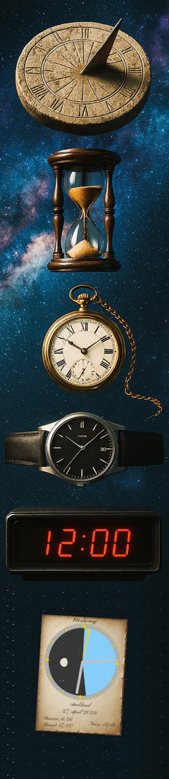 The evolution of time-keeping: sundial, hourglass, pocket watch, wristwatch, digital clock, RelojSolarLunar.