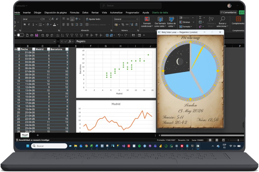 RelojSolarLunar — the Pergamino theme running beside a spreadsheet on a laptop.