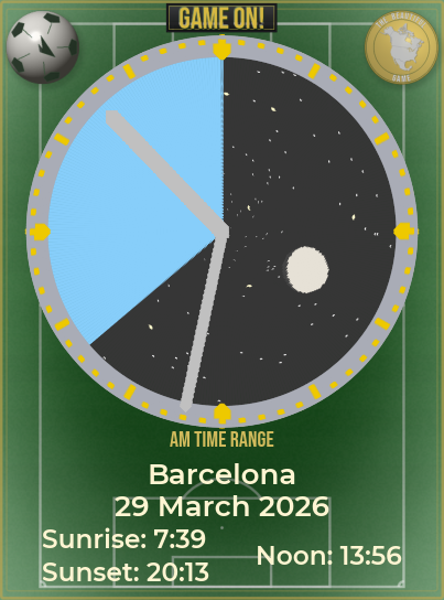 RelojSolarLunar — Game on theme, showing Barcelona on 29 March 2026.